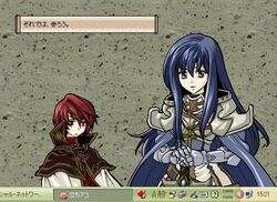  1boy 1girl armor blue_eyes blue_hair cape cloak cross cross_necklace crusader full_armor gauntlets green_background jewelry looking_at_viewer pendant profile ragnarok_online red_eyes redhead short_hair shoulder_pads sidelocks simple_background sword upper_body weapon wizard wizard_(ragnarok_online) 