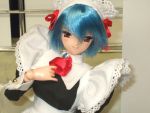  blue_hair blush brooch doll doll_joints jewelry kotonomiya_yuki maid maid_headdress photo red_eyes short_hair smile solo suigestu suigetsu turtleneck 