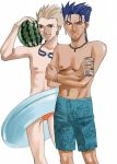  2boys crossed_arms drink earrings fate/stay_night fate_(series) food fruit gilgamesh goggles hip_lines holding holding_fruit innertube jewelry lancer male_focus male_swimwear multiple_boys necklace shirtless simple_background spiky_hair sweatdrop swim_briefs swim_trunks swimsuit swimwear watermelon white_background 