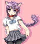  1boy angelous_lazward animal_ears black_legwear bow braid cat_ears cat_tail collar lowres male_focus oekaki original panties panties_under_pantyhose pantyhose purple_hair school_uniform seamed_legwear serafuku single_braid solo sovereign_(yagisaka_seto) tail trap underwear violet_eyes yagisaka_seto 