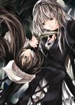  00s 2girls brown_hair eye_contact floating_hair green_eyes hair_over_one_eye hairband heterochromia knife long_hair looking_at_another looking_down looking_up multiple_girls open_mouth raid_slash red_eyes reverse_grip rotational_symmetry rozen_maiden sad silver_hair suigintou suiseiseki upside-down very_long_hair weapon 