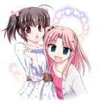  2girls :d ahoge belt blue_eyes blush brown_hair buttons casual collarbone dress hair_ornament hair_ribbon hairclip jacket long_sleeves looking_at_viewer maaryan multiple_girls one_side_up open_clothes open_jacket open_mouth pink_hair red_eyes ribbon short_hair simple_background smile to_heart_2 unbuttoned white_background white_dress yuzuhara_konomi 
