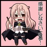  1girl :o angry artist_request black_dress black_legwear blush book brown_eyes cape chibi dress fang long_hair louise_francoise_le_blanc_de_la_valliere no_nose open_mouth pentacle pink_background pink_hair shoes skirt solo thigh-highs wand zero_no_tsukaima 