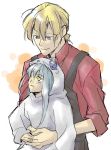  00s 1boy 1girl barasuishou blonde_hair enju grey_eyes height_difference hug hug_from_behind looking_down looking_up overalls rozen_maiden short_hair short_sleeves silver_hair simple_background smile upper_body white_background yellow_eyes 