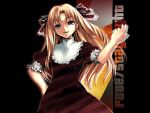  1girl black_background blonde_hair copyright_name dress fate/stay_night fate_(series) green_eyes long_hair luviagelita_edelfelt red_dress smile solo 