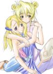  2girls :o aeru bare_shoulders blonde_hair blue_dress blue_eyes blush detached_collar double_bun dress hair_bobbles hair_ornament hug hug_from_behind kneeling multiple_girls parted_lips short_hair simoun simple_background sleeveless sleeveless_dress smile violet_eyes white_background yun_(simoun) yuri 