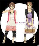  2girls basket beaded_necklace brown_eyes brown_hair capri_pants dress fashion flat_chest full_body glasses jewelry lace-trimmed_dress leggings multiple_girls necklace original sandals shoe_flower t-strapped_footwear white_shoes yoshito 