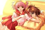  2girls 90s :d brown_eyes brown_hair collarbone curly_hair doukyuusei hair_ribbon hand_on_another&#039;s_back long_hair looking_at_viewer lying midriff multiple_girls nishimata_aoi on_side on_stomach open_mouth pillow pink_hair pleated_skirt ponytail ribbon school_uniform serafuku shirt short_hair short_sleeves skirt smile suzuhira_hiro suzuki_miho tanaka_misa yellow_eyes 