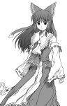  1girl bare_shoulders bow cravat detached_sleeves female gohei hair_bow hair_tubes hakurei_reimu lineart long_hair long_sleeves monochrome sidelocks simple_background skirt solo standing touhou tsuyadashi_shuuji vest white_background 