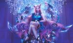  1girl ahri_(league_of_legends) animal_ears bare_legs black_footwear cat_ears crossed_legs fantasy highres league_of_legends long_hair looking_at_viewer mixed-language_commentary nixeu pink_hair sitting solo throne 