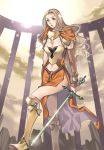  1girl armor blonde_hair boots breasts brown_eyes cleavage fantasy hidematsu_(fsc) original solo sword weapon 