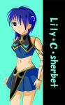  00s 1girl bad_anatomy blue_eyes blue_hair broccoli_(company) character_name galaxy_angel galaxy_angel_rune green_background hair_over_one_eye lily_c_sherbet midriff miniskirt poorly_drawn simple_background skirt solo uniform 