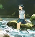  1girl black_hair braid feet_in_water ikeda_jun_(mizutamari) original ponytail river rock single_braid sitting skirt soaking_feet solo water 