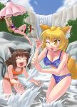  3girls animal_ears bikini blonde_hair bow brown_hair cat_ears cat_tail chen closed_eyes earrings fang female fox_ears fox_tail gap jewelry multiple_girls multiple_tails one_eye_closed sasuke_(sasuke_no_sato) splashing swimsuit tail tankini touhou umbrella wading water waterfall wink yakumo_ran yakumo_yukari 