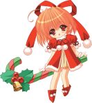  1girl ahoge bell blush candy candy_cane chibi christmas gloves holly looking_at_viewer moldavite red_eyes short_hair short_sleeves simple_background solo stella_arista white_background 