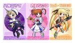  3girls arm_belt bardiche belt blonde_hair blue_eyes bow brown_hair character_name chibi circle_name fate_testarossa fingerless_gloves gloves hat long_hair lyrical_nanoha magazine_(weapon) magical_girl mahou_shoujo_lyrical_nanoha mahou_shoujo_lyrical_nanoha_a&#039;s multiple_girls raising_heart red_bow red_eyes redhead schwertkreuz shoes short_hair staff takamachi_nanoha twintails unison violet_eyes waist_cape winged_shoes wings x_hair_ornament yagami_hayate 