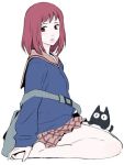  00s 1girl bag barefoot cat feet flcl kneeling lips plaid plaid_skirt red_eyes redhead samejima_mamimi school_uniform serafuku skirt solo takkun takkun_(flcl) toes 