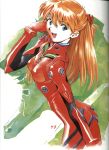  1girl :d ass bangs blue_eyes bodysuit bracer breasts cowboy_shot eva_02 from_side gloves hair_between_eyes hair_ornament half_updo hand_on_own_cheek happy highres leaning_forward long_hair looking_back mecha neon_genesis_evangelion number official_art open_mouth orange_hair pilot_suit plugsuit sadamoto_yoshiyuki scan signature skinny small_breasts smile solo souryuu_asuka_langley turtleneck 