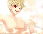  1boy bath bishounen blonde_hair fate/stay_night fate_(series) gilgamesh grin lowres male_focus red_eyes shirtless slit_pupils smile solo white_background 