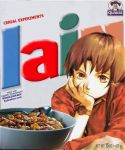  90s abe_yoshitoshi brown_eyes brown_hair cereal hair_ornament hairclip hand_on_own_cheek hand_on_own_face iwakura_lain lowres photoshop pun serial_experiments_lain short_hair watch watch 