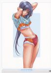  1girl absurdres armpit_peek blue_eyes blue_hair female gym_uniform highres hip_bones long_hair midriff ponytail pose scan scan_artifacts solo 