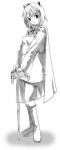  1girl :o animal_ears axe boots cape cloak final_fantasy final_fantasy_iii fujitsuki full_body head_tilt knee_boots lineart long_sleeves looking_at_viewer monochrome parted_lips refia short_hair simple_background solo standing weapon white_background 