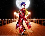  1girl ai_yori_aoshi japanese_clothes kimono moon night pier purple_hair sakuraba_aoi sky smile solo star violet_eyes wallpaper yukata 