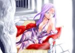  1girl :o bare_shoulders breasts cleavage couch detached_sleeves dress facial_mark fate/stay_night fate_(series) long_hair long_sleeves looking_to_the_side lying on_couch on_side parted_lips pillar purple_dress purple_hair rider sideboob sleeveless sleeveless_dress solo statue tattoo violet_eyes 