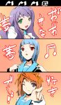  3girls ;) blue_hair choker female green_eyes hare_hare_yukai kazahana_mashiro long_hair long_sleeves looking_at_viewer mashiro_blan_de_windbloom miyu_greer multiple_girls musical_note my-hime one_eye_closed orange_background orange_hair parody pointing purple_hair red_eyes ribbon school_uniform serafuku shirt simple_background smile suzumiya_haruhi_no_yuuutsu tokiha_mai upper_body violet_eyes white_shirt 