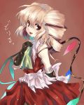  1girl black_gloves blonde_hair cosplay drill_hair fang female flandre_scarlet gloves kusanagi_kikoku looking_at_viewer no_hat no_headwear open_mouth red_eyes smile solo strap_slip touhou wings 