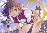  amano_kazumi bent_over brown_eyes brown_hair gunbuster hairband headband leotard short_hair takaya_noriko top_wo_nerae! 