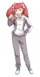  1girl bangs bow drill_hair full_body hair_bow hair_twirling hand_on_hip minato_fumi my-otome orange_eyes pants pink_hair quad_tails raised_eyebrow ringlets shiho_huit shoes simple_background sneakers solo standing sweatpants track_suit white_background 