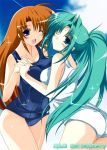  00s 2girls ass blue_eyes blush breast_press breasts brown_hair facial_mark forehead_mark green_hair ibuki_pon lindy_harlaown long_hair lyrical_nanoha mahou_shoujo_lyrical_nanoha mature medium_breasts milf multiple_girls one-piece_swimsuit one_eye_closed ponytail school_swimsuit swimsuit symmetrical_docking takamachi_momoko white_school_swimsuit white_swimsuit wink 