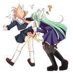  2girls ? animal_ears ass brown_hair cat_ears cat_tail green_eyes green_hair harmonia hasegawa_chisame karakuri_chachamaru long_hair lowres mahou_sensei_negima! multiple_girls panties robot_ears school_uniform sweatdrop tail thigh-highs underwear white_background 