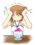  1girl blush brown_hair camisole closed_eyes folded_ponytail hands_on_own_head komaki_manaka shaved_ice solo spoon to_heart_2 