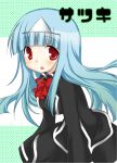  1girl blue_hair long_hair quiz_magic_academy red_eyes satsuki_(quiz_magic_academy) shiratama shiratama_yomogi solo triangular_headpiece 