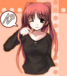  1girl ;d brown_eyes collarbone kousaka_tamaki long_hair looking_at_viewer mizoguchi_keiji one_eye_closed open_mouth orange_background parted_lips redhead simple_background smile solo speech_bubble sweater to_heart_2 upper_body very_long_hair wink 