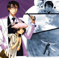  90s color doctor excel_saga gojo_shioji labcoat mad_scientist multicolored_hair rain rikudou_koushi ropponmatsu_2 shiouji_gojou two-tone_hair umbrella 