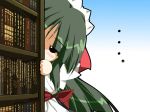  1girl bookshelf chibi game_cg jissouji_fuyuha maid moekan motoyon peeking_out solo 