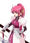  1girl arm_guards breasts date_(senpen) faulds hand_on_hilt hand_on_hip levantine long_hair looking_at_viewer lyrical_nanoha mahou_shoujo_lyrical_nanoha mahou_shoujo_lyrical_nanoha_a&#039;s pink_hair ponytail puffy_sleeves signum simple_background solo standing sword very_long_hair weapon 