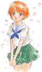  1girl blush nishida_asako open_mouth orange_eyes orange_hair petals school_uniform serafuku short_hair skirt smile solo 