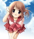  1girl adjusting_hair blue_eyes brown_hair clouds eretto folded_ponytail hair_ornament hairclip komaki_manaka leaning_forward open_mouth pleated_skirt school_uniform serafuku skirt sky smile solo to_heart_2 