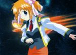  00s 1girl apricot_sakuraba blush broccoli_(company) cross_caliber flower flying galaxy_angel galaxy_angel_rune mecha pencil_skirt ribbon screencap skirt solo twintails 