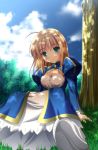  1girl ahoge blonde_hair blue_dress blue_sky blush clouds dappled_sunlight dress fate/stay_night fate_(series) green_eyes long_sleeves looking_at_viewer outdoors plant puffy_long_sleeves puffy_sleeves saber short_hair sitting sky smile solo sunlight tree tsuda_akira under_tree 