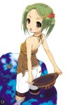  1girl :o arms_behind_back bandaid bandaid_on_clothes bare_arms brown_eyes flower frog from_behind green_hair hair_flower hair_ornament hairclip halter_top halterneck hat hat_removed headwear_removed holding holding_hat looking_at_viewer looking_back marimo_(t2_h_t) open_mouth original shorts solo twintails wading water 