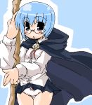  1girl artist_request blue_background blue_eyes blue_hair cape glasses lowres no_nose oekaki panties pentacle short_hair skirt solo staff tabitha underwear white_panties zero_no_tsukaima 