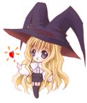  00s 1girl blonde_hair carnelian chibi garter_straps hat heart lilith_(yamibou) long_sleeves lowres miniskirt open_mouth puffy_long_sleeves puffy_sleeves simple_background skirt smile solo thigh-highs very_long_hair white_background witch_hat yami_to_boushi_to_hon_no_tabibito 