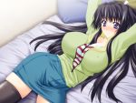  1girl arms_up bed black_legwear blush breasts embarrassed erect_nipples game_cg huge_breasts large_breasts long_hair lying on_back pencil_skirt pillow pururun_cafe shirt skirt solo striped striped_shirt sumeragi_kohaku takeuchi_narumi thigh-highs unzipped zettai_ryouiki zipper 