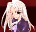  1girl dress eyebrows eyebrows_visible_through_hair fate/hollow_ataraxia fate/stay_night fate_(series) illyasviel_von_einzbern long_hair looking_at_viewer parted_lips purple_dress red_eyes silver_hair simple_background solo 