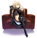  1girl aizawa_kotarou black black_gloves blonde_hair chair elbow_gloves gloves gothic half_pixels_carving highres luna_(aizawa_kotarou) original ribbon sitting solo thigh-highs twintails 